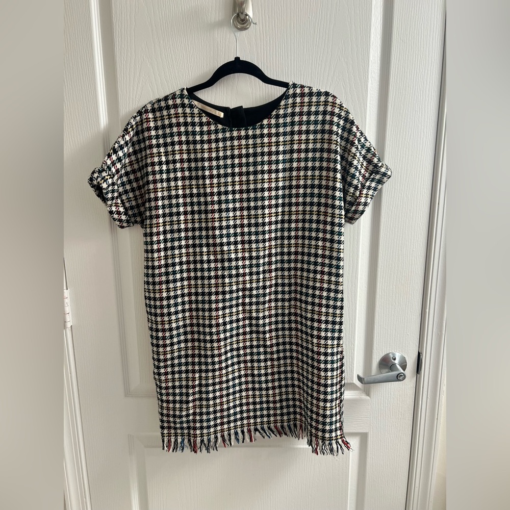 Zara White & Multi Color Houndstooth Tweed Fringe Shift Dress